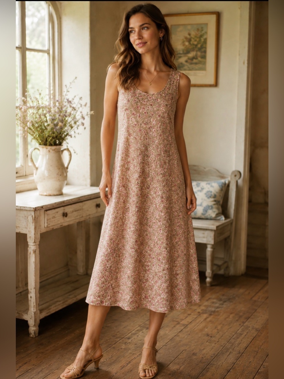 April Cornell Size Medium Floral Sleeveless Midi Dress Sage Pink Cottage Core